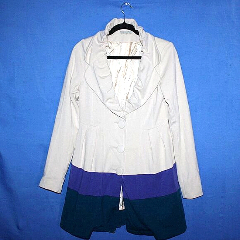 By Stella Color Block Ruffle Collar Fitted Coat Small